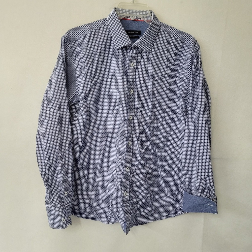 Bugatchi Mens Blue White Micro Check Shaped Fit Cotton Button Down Shirt L